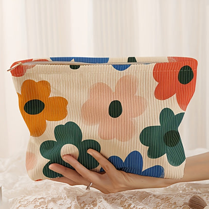 White Floral Print Corduroy Minimalist Storage Bag