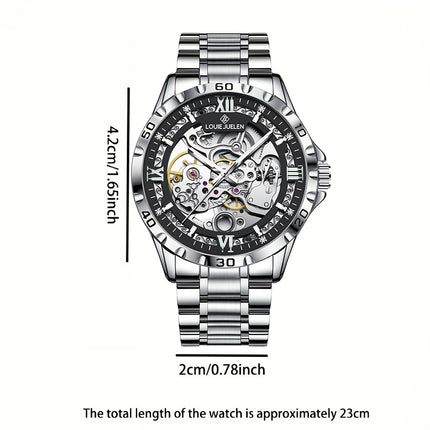Men'S Automatic Mechanical Watch - Business Style, Hollow Dial, Round Case, Stainless Steel Strap