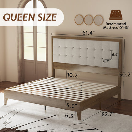 Wooden Bed Frame, High Upholstered Tufted Headboard, Sturdy Wood Platform, No Box Spring Required