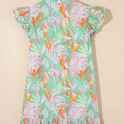 Green Abstract Floral Ruffle Trim Flutter Sleeve Buttoned Dress