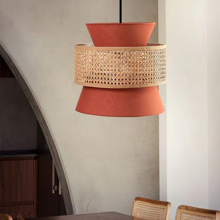 Vintage Rattan Woven Chandelier with Rattan And Fabric Lampshade,