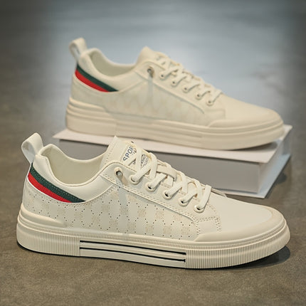 Stylish White Skate Sneakers with Red & Green Striped Pattern – Comfortable, Durable,