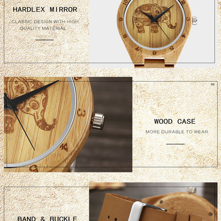 Classic Elephant Leather Retro Simple Bamboo Wood Quartz Watch