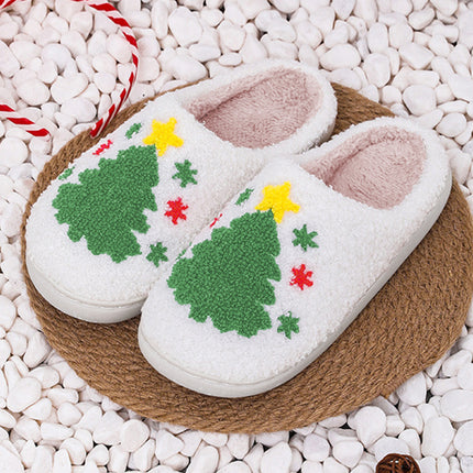 White Fuzzy Christmas Tree Pattern Home Slippers