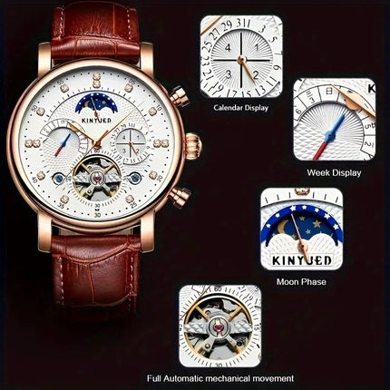 [KINYUED] Men'S Automatic Winding Mechanical Watch with Moon And Stars Multi-Function Wristwatch,