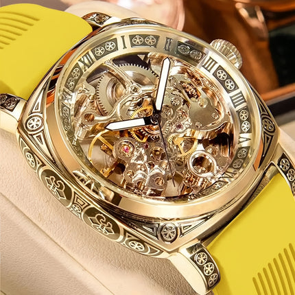 1pc Teen Men'S Yellow Black PU Belt Retro Style Noble Carved Hollow Tourbillon Mechanical Watch,