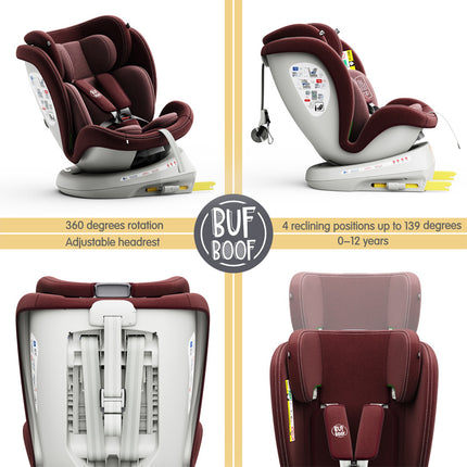 TWT Plus iSize Buf Boof Red Car Seat with ISOFIX, 360° Rotatable, Top Tether Position, 0-36 kg,