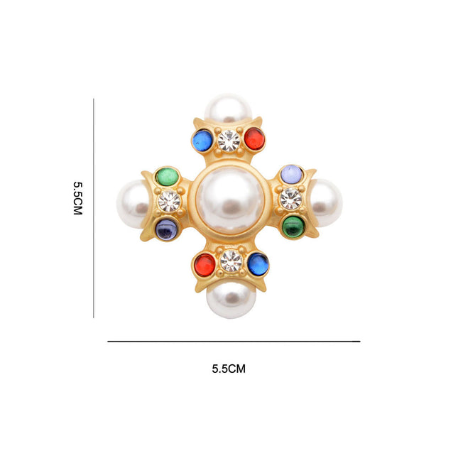 Fashion Colored Glass Pearl Cross Brooch