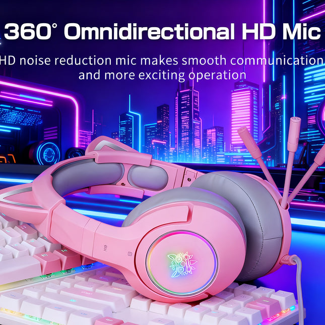 Pink Detachable Cat Ear Headphones | RGB Immersive Experience, Comfortable Wear