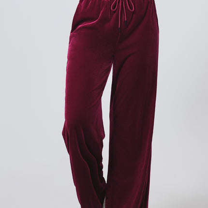 Burgundy Solid Drawstring Waist Wide Leg Pants