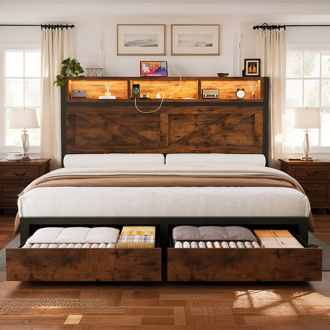 Modern Farmhouse Bed Frame with Storage Headboard