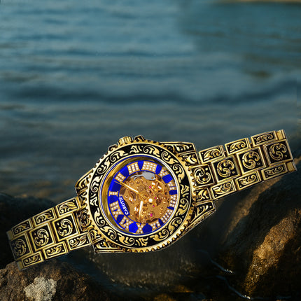 1pc Men'S Black Blue Steel Strip Retro Style Noble Ancient Roman Gear Carving Tourbillon Mechanical Watch
