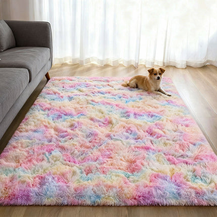 Fluffy Tie-Dye Carpet - Soft Pastel Pink, Yellow, Green, Purple, Orange, Red, Brown,Rugs Living Room
