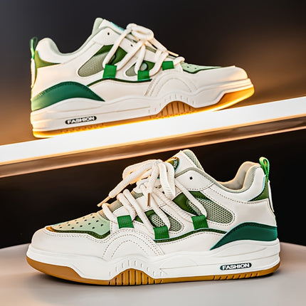 White & Green Casual Sneakers with Breathable Mesh, Durable PVC Sole,