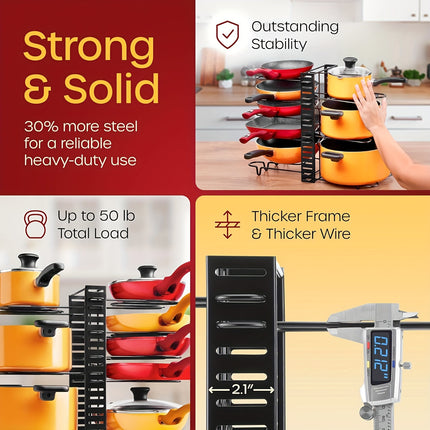 8-Tier Adjustable Pot Rack Cabinet Storage - Organize Kitchen Pots, Bowls, Utensils with 4 Hooks