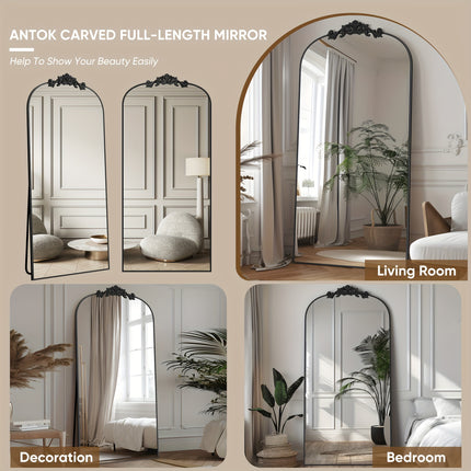 71"x28" Freestanding Arched Mirror with Carved Metal Frame & Bottom - No Assembly Required