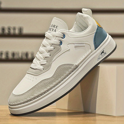 Men's Low-Top Sneakers - White & Light Grey - PU Upper, Cushioned EVA Insole - Lace-Up Closure