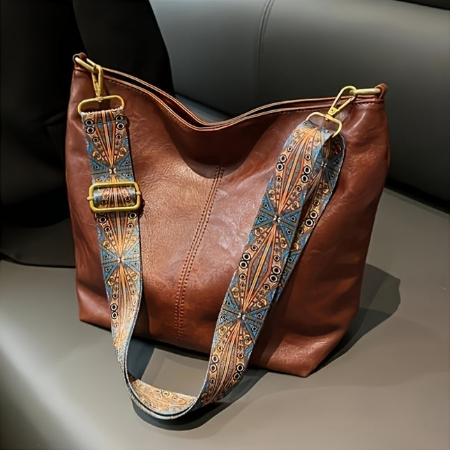 Women's Large Bohemian Style Shoulder Bag - Vintage Wide Strap Crossbody Bag with Adjustable Strap