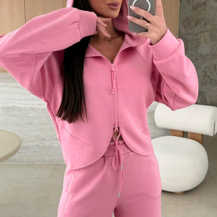 Pink Solid Color Zip Up Hoodie Drawstring Loose Pants Set