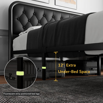 Metal Bed Frame, Platform Bed Frame with Faux Leather Headboard, Heavy-Duty Thicker Metal Steel Slats Support,