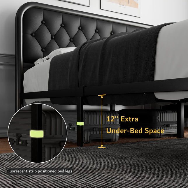 Metal Bed Frame, Platform Bed Frame with Faux Leather Headboard, Heavy-Duty Thicker Metal Steel Slats Support,