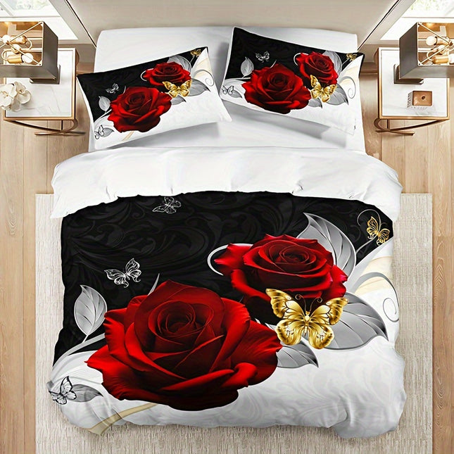 3pcs Red Rose Butterfly Quilt Cover Set 1 Quilt Cover + 2 Pillowcases Without Pillow Core, High-definition Printing for Home and Dormitory