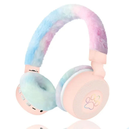 Fluffy Over-Ear Wireless Headphones with LED Paw Design, Comfortable Skin-Friendly Cushion, Hi-Fi Audio