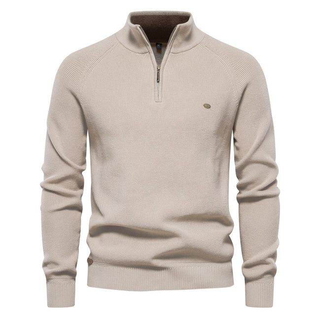 Men's Zipper Stand Collar Knitted Sweater Fashion Slim Solid Color