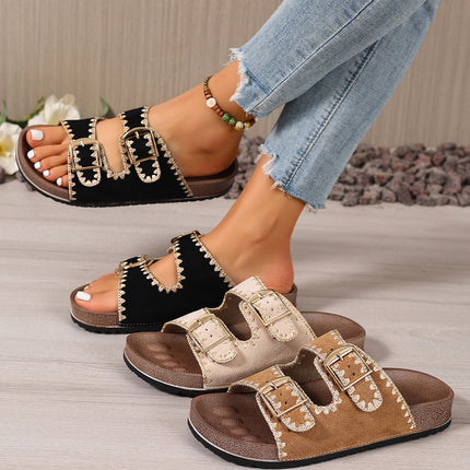 Beige Embroidered Trim Retro Buckle Faux Suede Slippers