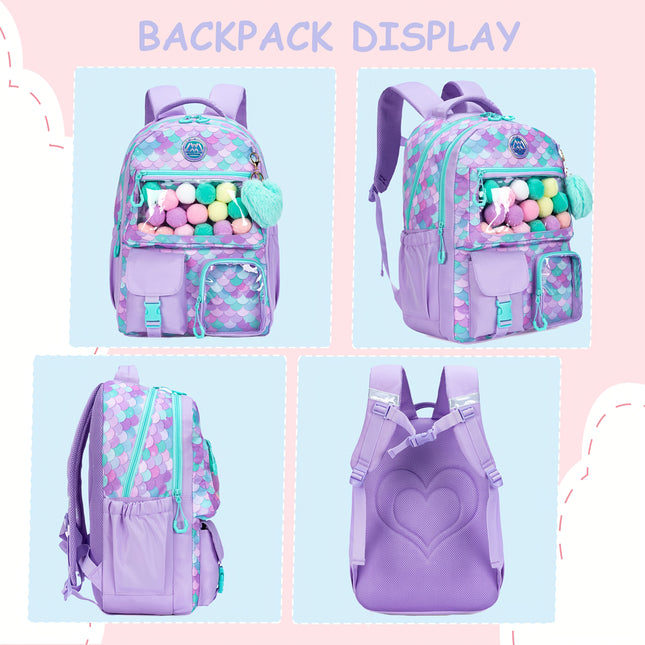 Heart-Shaped Fish Scale Backpack Set for Children and Students Features Cute Plush Balls, Zipper