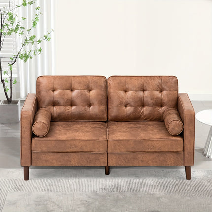Leather Loveseat Sofa with 2 Bolster Pillows, Modern Two Seat Sofa with Tufted Backrests