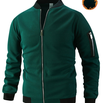 Men's Waffle Solid Color Cardigan Pocket Zipper Thickening Stand Collar Coat