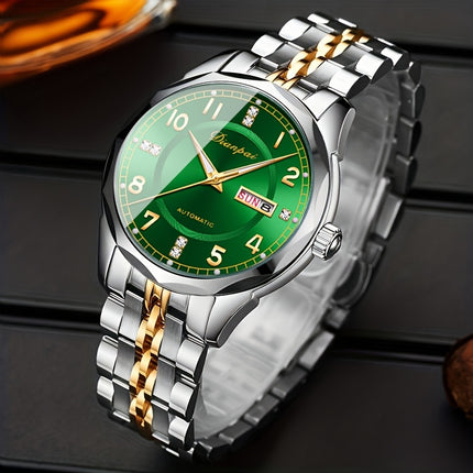Men's Automatic Mechanical Watch with Date Display & Wrist Chain - Stainless Steel Self-Winding Watch