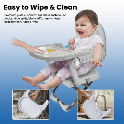 Tray  Portable Travel Dining Chair for Kids, No Assembly Needed, Durable PP Material, Grey, Indoor & Outdoor Use,