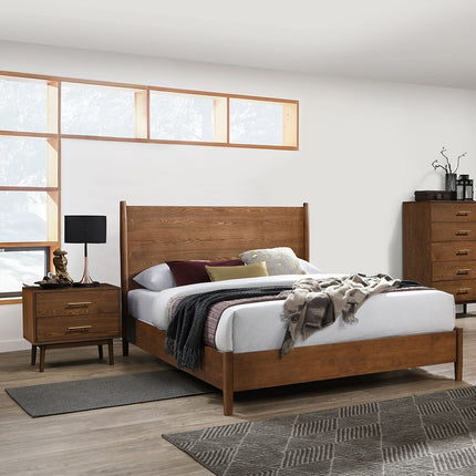 Walnut Color Panel Headboard 3pc Bedroom Set Eastern King Size Bed 2x Nightstands Wooden Mid-Century Modern Style