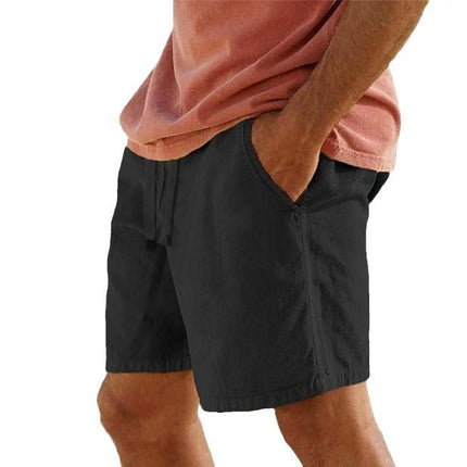 Cotton Linen Drawstring Elastic Waist Solid Color Breathable Bermuda Shorts