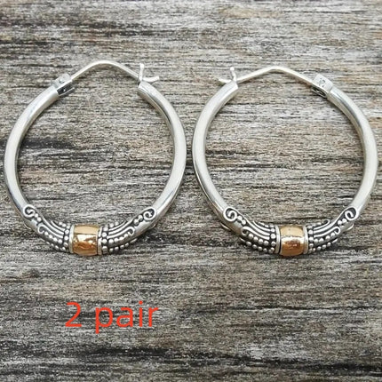 Retro Two-color Ring Earrings Carved Pattern Personality