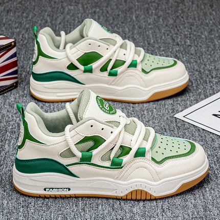 White & Green Casual Sneakers with Breathable Mesh, Durable PVC Sole,