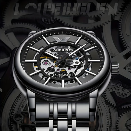 Men'S Luxury Mechanical Watch with Automatic Movement - Elegant Black Dial & Stainless Steel Strap