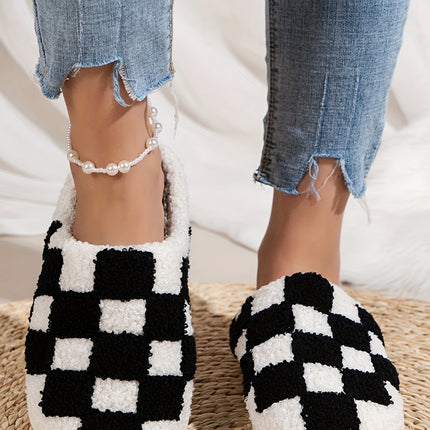 Black Checkered Print Fuzzy Slip On Winter Slippers