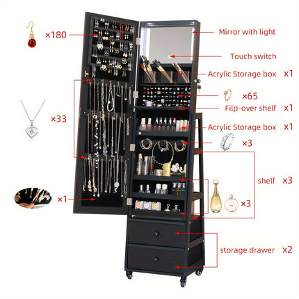 LED, Full Length Mirror Large Capacity Jewelry Organizer Armoire, Lockable Floor Standing Mirror