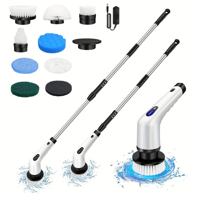 Electric Cleaning Brush Spin Scrubber With 9 Brush Heads & Telescopic Rod