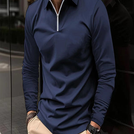 Zipper Men's Solid Color Long Sleeve Sports Polo Shirt