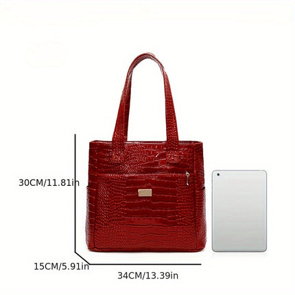 Crocodile Pattern Handbag - Large Capacity, Multi-Pocket Shoulder Handbag with Zipper Closure