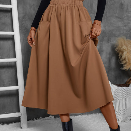 Solid Ruffle Hem Skirt, Elegant Patched Pocket Elastic Waist Loose Midi Skirt For Fall & Winter, Women's Clothing