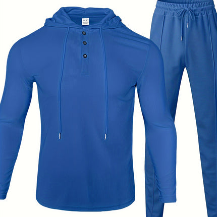 Men's Casual Sportswear Set - Hooded Long Sleeve Top & Joggers with Drawstring, Polyester Blend, Perfect for Spring/Fall Outdoor Activities