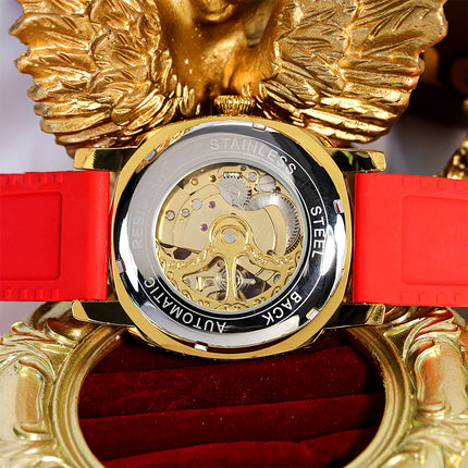 1pc Men's Vintage Mechanical Watch - Automatic winding, Roman Numerals, Golden-Tone case & Red Strap,