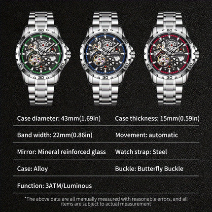 GLENAW Men'S Skeleton Automatic Watch - Stainless Steel Band, Flywheel Movement With Date Display