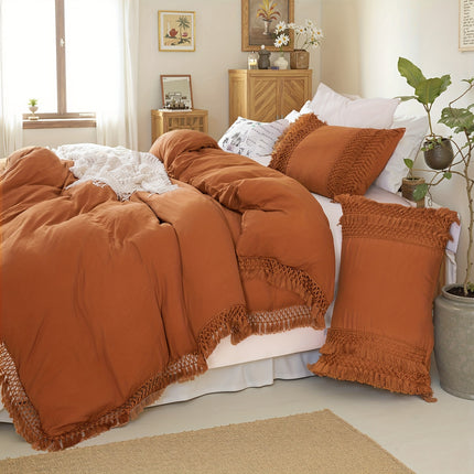 Beige Tassel Bedding Set 3pcs Quilt Cover Boho Solid Duvet Cover Set Burnt Orange Tassel Design with 50x75cm