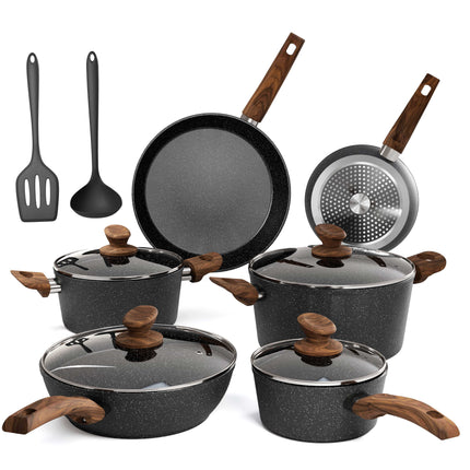 12-Piece Granite Non-Stick Cookware Set - Premium Induction Ready Cooking Pan Set,
